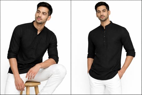 Image of Men's Cotton Kurta, Mandarin Collar Short Kurta, Long Sleeve Casual Shirt for Summer