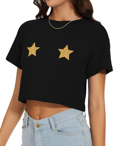 Image of Womens Crop Tops Summer Short Sleeve Round Neck T-Shirts Loose Fit Blouse