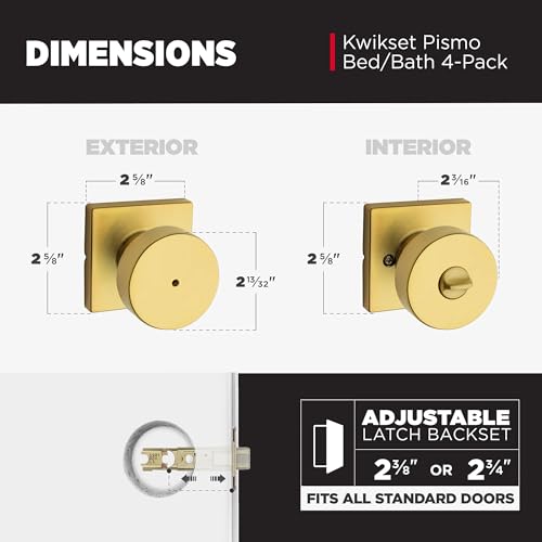 Image of Kwikset Pismo Interior Square Privacy Door Knob with Lock, Door Handle for Bathroom and Bedroom, Satin Brass Keyless Push Button Lock Doorknob 4 Pack