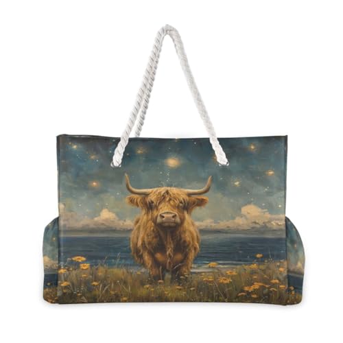 Highland Cow Pattern Beach Bag & Travel Tote Bag Large Sandproof Wet Pouch for Gym Travel, Lightweight Outdoor Bag2