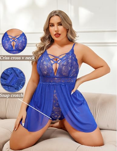 Image of Avidlove Plus Size Babydoll Womens Snap Crotch Lingerie V Neck Lace Nighty Sleepwear L-5XL