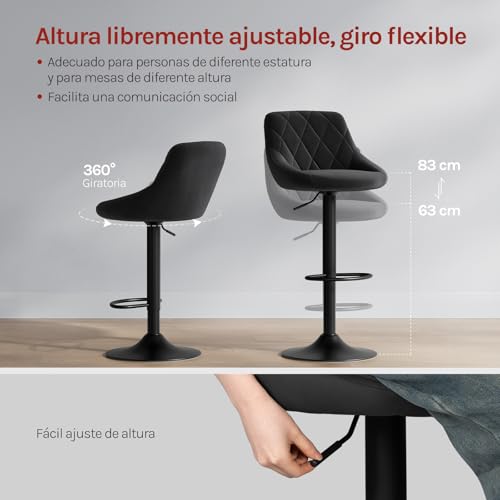 Miniatura 6 de Woltu 2x Taburete De Bar Con Respaldo Terciopelo Regulable En Altura Negro Bh219sz-2