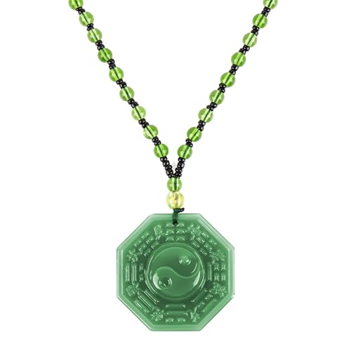 Chiorgone Bagua Yin Yang Anhänger Halskette Grün Jade-Look Glas Feng Shui Schutz Amulett mit Perlenschnur einseitige Schnitzerei Unisex 1 Packung