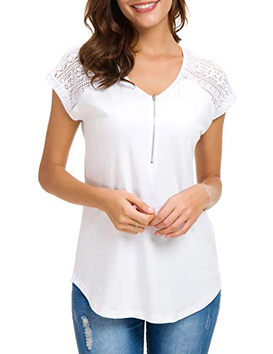 White Short Sleeve Blouses For Women Lace Summer Tops Zipper V Neck Cotton Nursing Dress Shirts L #TOP1