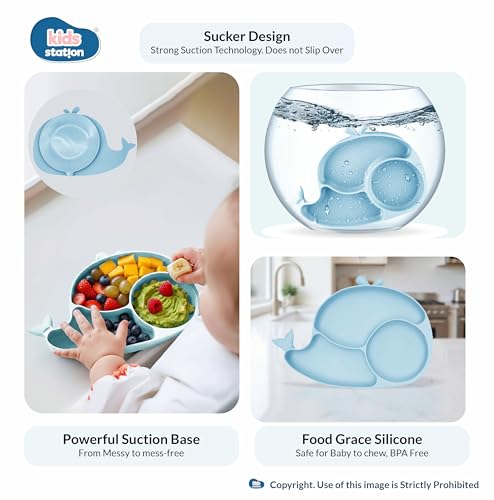 Image of Kids Station Whale Design 8-Piece Silicone Feeding Set for Babies | BPA-Free, Suction Bowl, Plate, Spoon, Fork, Bib, Cup & Straw - Dishwasher Safe | Ideal for Infants & Toddlers (Pack of 8, Blue)