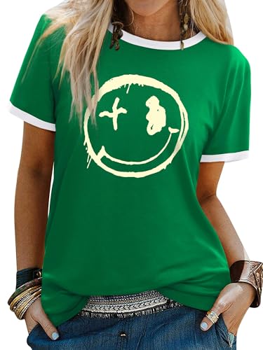 Image of WIEIYM Women T Shirt Smile Face Graphic Happy Summer Casual Tee Deep Green