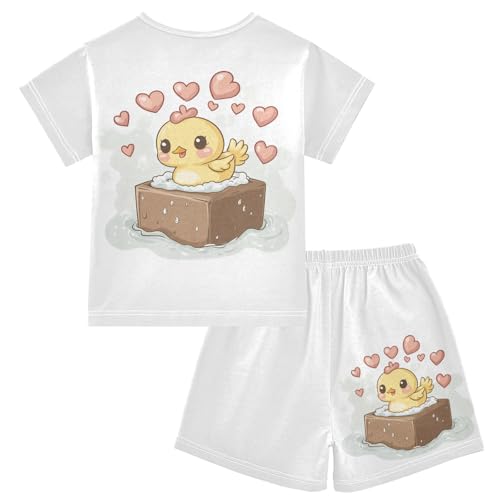 Chick Heart Valentine's Day Bath White Pajama Set Short Sleeve Summer Pajamas Sleepwear Nightwear Set Cotton 5Y2