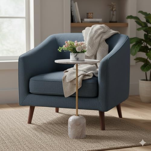 Image of Little eXtra Iron Savar Marble Side Table with Pillar Base, Sofa Side Table for Living Room, Corner Table for Bedroom, Bedside Table 35.5 x 35.5 x 65.50 cm (Beige.)