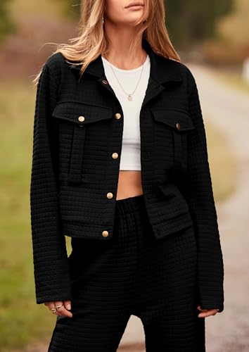 Image of PRETTYGARDEN Womens Two Piece Sets Fall 2026 Long Sleeve Button Down Shacket Jacket Long Sweatpants Tracksuit Winter Clothes