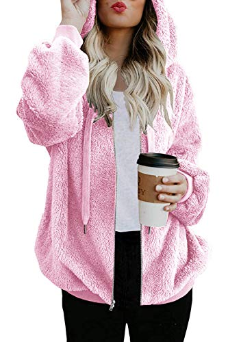 Yanekop Womens Fuzzy Fleece Jacket Sherpa Zip Up Outerwear Coat Oversized Hoodie with Pockets(Pink,M)