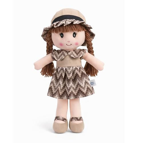 Image of Apollo Toys Soft Cloth Doll for Kids | Cute Braided Girl Plush Toy with Hat | Premium Cotton Stuffed Soft Toy for Girls | Birthday Gift for Kids | Safe & Washable Doll (Blue Dress, 50 cm) (Brown)