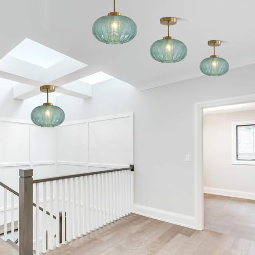 KCO Lighting Mid Century Modern Green Ceiling Lighting Green Glass Flush Mount Ceiling Light Brass Semi Flush Mount Ceiling Light Vintage Globe Light for Bathroom Bedroom by KCO - Used condition - Image 6