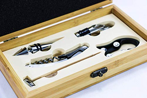 Kit Acessórios Para Vinho Em Inox E Caixa De Bambu - 5 Peças