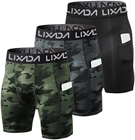 Lixada Men's Elastic Shorts Pants Sports Baselayer Tights Active Workout Underwear Leggings with Pockets (Green Camouflage&Black Camouflage&Black, L, l)