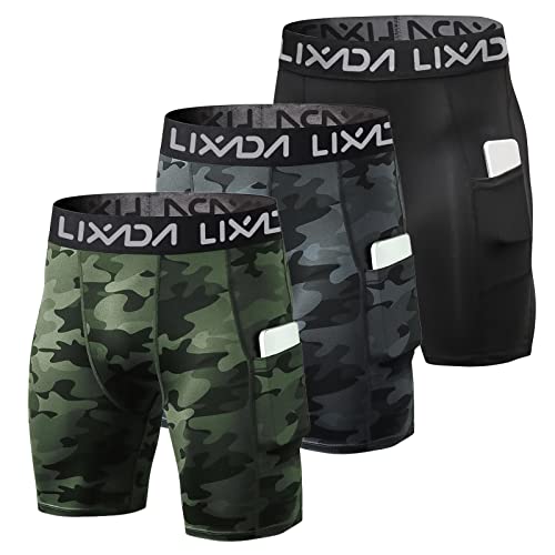 Lixada Men's Elastic Shorts Pants Sports Baselayer Tights Active Workout Underwear Leggings With Pockets (Green Camouflage&Black Camouflage&Black, L, L) #TOP17
