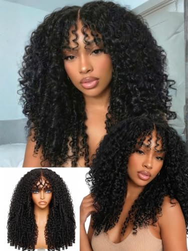 Nadula Bye Bye Knots Burmese Curly Wig Human Hair with Bangs, 7x5 Pre Cut Lace Glueless Drawstring Wig, Layered Face Framing Curly Fringe No Slip Wig for Black Women Natural Black 18inch
