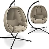 KESSER® Luxe Hängesessel mit Gestell + weicher Sitzkissen, Seitenpolsterung, Sitz- und Rückenkissen Hängekorb Indoor & Outdoor, Garten Schaukel Korb Hängestuhl Stabiler Standfuß, max. 150 kg Beige