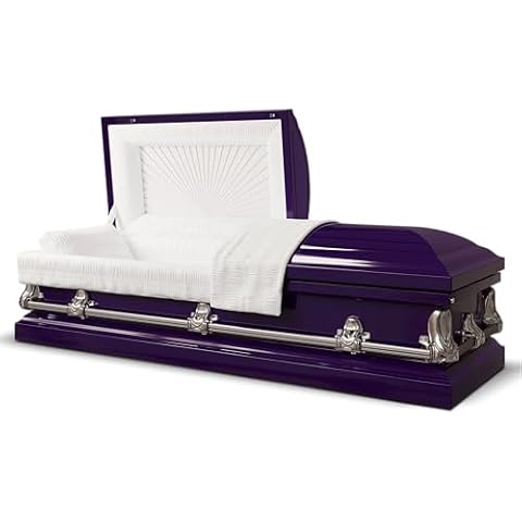 Titan Casket Elegant Orion Series Funeral Casket for Humans - Handcrafted Steel Casket Luxurious Royal Purple Finish & White Crepe Interior, Reinforced Handles, Adjustable Bed with Gasketed Sealer Cover