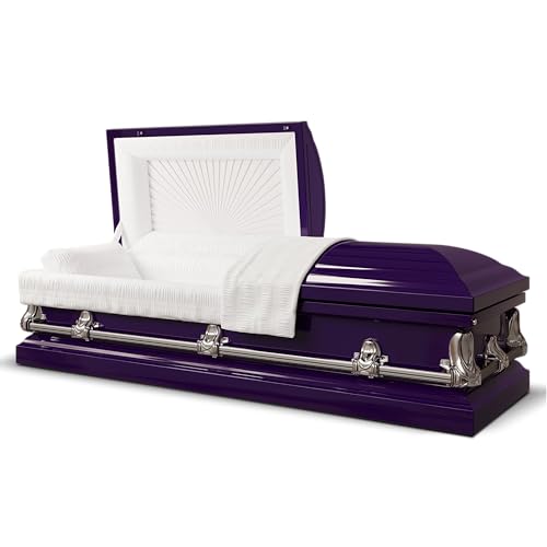 Titan Casket Elegant Orion Series Funeral Casket for Humans - Handcrafted Steel Casket Luxurious Royal Purple Finish & White Crepe Interior, Reinforced Handles, Adjustable Bed with Gasketed Sealer