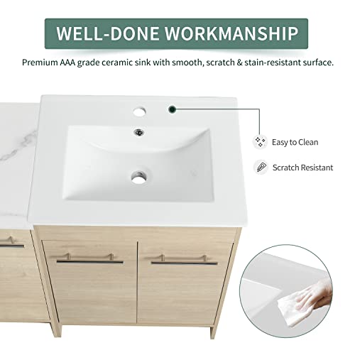 Ssline 60" Bathroom Vanity Sink Combo With Side Cabinet Light Oak Floor Standing Bathroom Vanity W/White Top Basin Double 24" Single Bathroom Vanity Set With A 12" Ceramic Countertop Storage Cabinet #TOP4