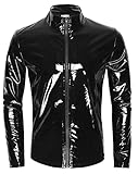 Men's PU Leather Shirts Zipper Wetlook Top Jacket Stretch Slim Fit Shiny Tshirt Stand Collar Performance Party Club Tunic Shirts Blouse