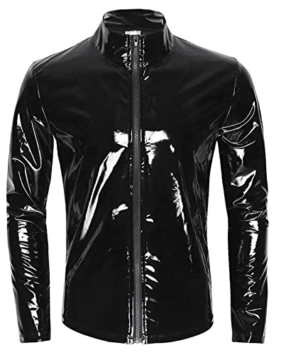 Image of Panegy Men's Liquid Shiny Leather Shirt Jacket Slim Fit Wetlook Party Nightout Club 70s /80s Disco Blouse Tshirt