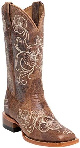 Shyanne Women's Lasy Floral Embroidered Cowboy Boot Broad Square Toe Brown