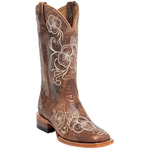 Shyanne Women's Lasy Floral Embroidered Western Boot Broad Square Toe Brown 8 M US Cover