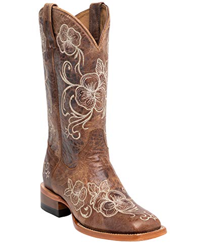 Shyanne Women's Lasy Floral Embroidered Western Boot Broad Square Toe Brown 10 M US