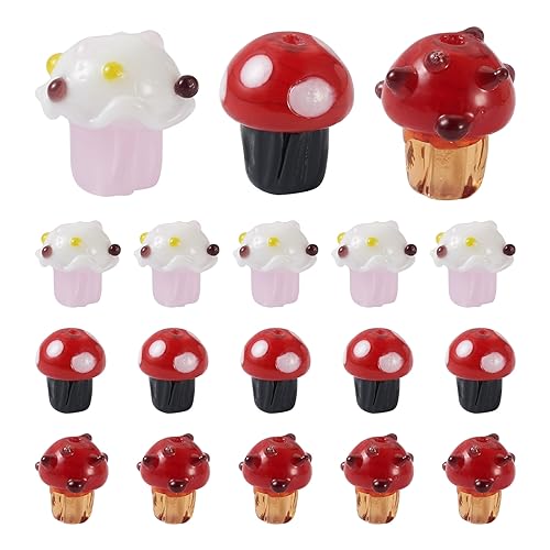 FASHEWELRY 18Pcs Glass Mushroom Lampwork Beads Handmade Lampwork Glass Beads Cute Christmas Glass Beads for DIY Bracelet Jewelry Making