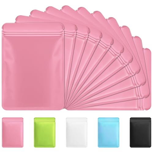 Funfery 100 Pack Pink Mylar Packaging Bags Resealable Bags Double Sided Color Odor Proof Pouch Baggies Smell Proof Foil Bag for Food Storage,Small Business(Pink,4x6inch)
