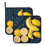 Juego de 2 soportes para ollas con estampado de plátano y limón, resistentes al calor, impermeables, almohadillas calientes para cocina, lindas almohadillas calientes con bucle para cocinar, hornear