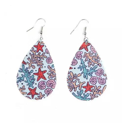 Pendientes de Cuero con Estampado de Estrellas de mar y Gotas de Agua para Mujer, joyería de Playa de Verano