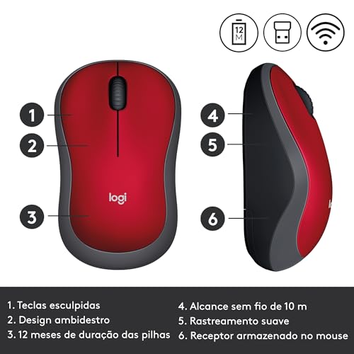 Mouse sem fio Logitech M185 2.4GHz com receptor USB, Design Ambidestro Compacto, Conexão USB e Pilha Inclusa - Vermelho glide