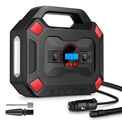 Portable Air Compressor Tire Inflator, DC 12V Air Compressor Tire Inflator with Digital Pressure Gauge LED Light, Auto Tire Pump Air Pump for Car, Bicycle, Motorcycle, Balls