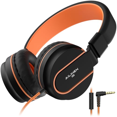 Image of AILIHEN I35 Kids Headphones for School with Mic, 93dB Safe Volume, Orange | Wired On Ear Headphones for Girls Boys, 3.5mm Foldable Lightweight for Classroom Chromebook, Laptop, Computer, Tablet