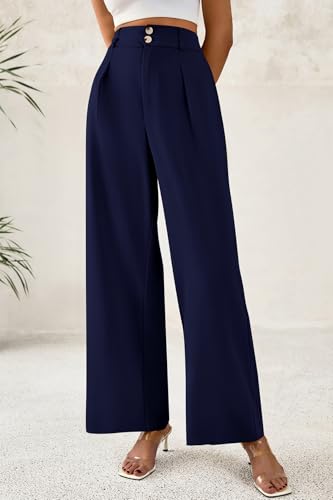 Image of CFLONGE Women Wide Leg Dress Pants High Waist Work Trousers Button Pleated Slacks Palazzo Pants Business Casual Outfits