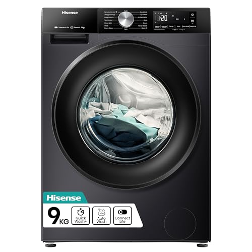 Hisense 3S WiFi Series WF3S9043BB3 9 KG Front Load Washing Machine Durable Inverter Steam Wash Quick Wash 19 Programmes 1400 RPM - Black Energy Rating A
