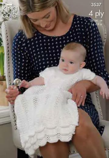 King Cole Baby 4ply Knitting Pattern Christening Set - Lacy Dress Bolero Bootees & Hat (3537)