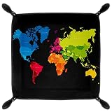 Petite boîte de rangement pour plateau de valet pour homme 5.7x5.7 Inch Plateaux à bijoux en cuir, Carte du monde abstrait coloré
