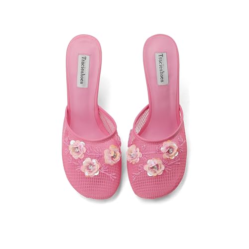 Tracieshoes Women's Mesh Mule Slip On Sandals With Floral Sequin Embellishments Round Toe Wedge Heel Slides Slippers 4 Inch Pink Size 9 by Tracieshoes - Used condition - Image 3