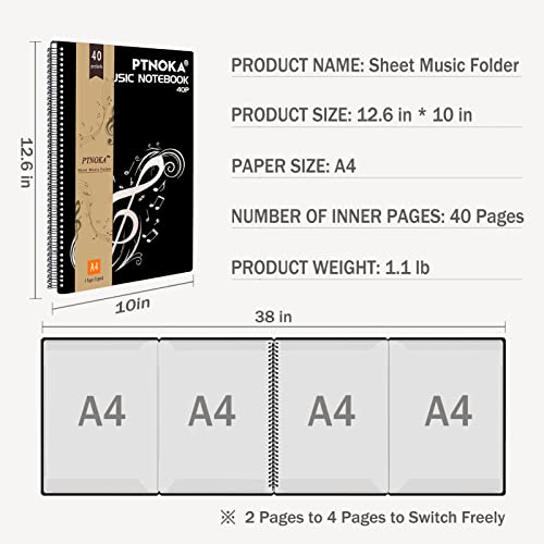 Xinyuyan Sheet Music Folder (Black), 4-Page Expansion And Writing Directly On The Pages, A4 Size, Holds 40 Comes With 2 M-Shaped Clips #TOP7