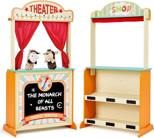 labebe - Deluxe Wooden Puppet Theater Bonus 2 Hand Puppet, ?2-in-1 Clock Theater Reversible Play Store, Double-Sided Lemonade Stand, Puppet Show Theater Toy with Chalkboard for Kids 36M+