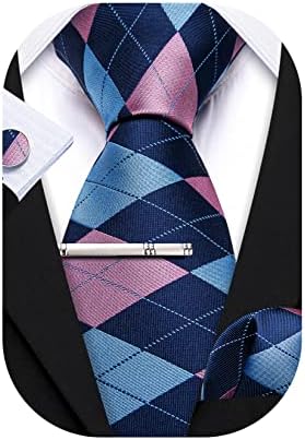Barry.Wang Men Ties Stripe Check Silk Necktie Pocket Sqaure Cufflink Tie-Clip 4PCS Set Classic Business Wedding Necktie