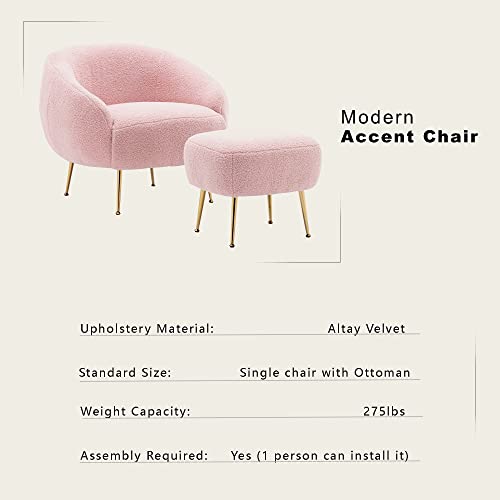 Merax Pink Modern Mid Century Living Room Chair With Ottoman Cozy Teddy Bedroom Armchair For Adults Teens Girls Easy Assemble, Set Of 1 #TOP6
