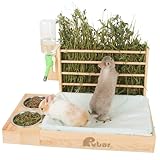Rubor Rabbit Hay Feeder with Litter Box, 4 in 1 Wooden Feeder Toilet Combo Feeding Manger for Bunny and Guinea Pig, Small Animals Hay Rack Water Bottle Litter Pan and 2pcs Bowls with 5pcs Pee Pads