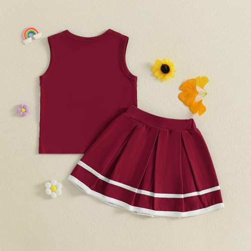 CREAIRY Toddler Baby Girl Cheerleader Outfit Shirt Tops Skirt Set Cheer Uniform Outfit Halloween Cheerleading Clothes (Wine Red, 3-4T)