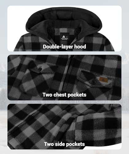 Image of ZITY Boys Flannel Jacket Sherpa Lined Zip Up Hoodie | Thick Plaid Shirt With 4 Pockets,Warm,Soft,Kids Outerwear,Machine Washable,School,Daily,Hiking,Camping,Winter Coat,6-15 Years