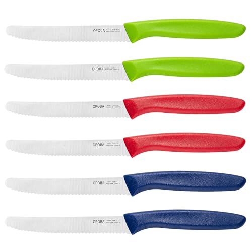 OPOLIA FrüHstüCksmesser 6 Stück,Red&Blue&Green,Hochwertiges Edelstahl Tafelmesser Gezackte Klinge,Brötchenmesser,Tomatenmesser,Restaurant&Haushalts Scharfe Messer Set,Rostfrei&SpüLmaschinenfest