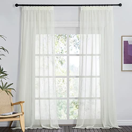 PONY DANCE Visillos Salon 2 Piezas Cortinas Beige Transparentes con Aspecto de Lino Visillos Dormitorio Cortina para Riel con Ganchos Visillos para Ventanas, 140x245cm, Beige Claro